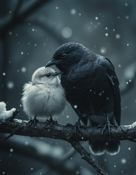 cinematic film still raw photo, cold temperature, fluffy, two bird on a tree branch, one small white bird, one big black bird, leaning to each other, snowing, night, moon light, volumetric lighting, dark theme, artistic, lovely, shallow depth of field, vignette, highly detailed, high budget, bokeh, cinemascope, moody, epic, gorgeous, film grain, grainy, aidmaMJ6.1, <lora:Dark Cinematic:0.5>, <lora:- Flux1 - soothing_atmo_V2.0:0.3>, <lora:aidmaMJ6.1v0.4:0.6>