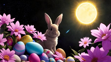 a photorealistic hyperrealistic render of art, drawing, anime easter bunny person painting  easter eggs, anime line art, happy, joy, smile, sun, bunny hears, bunny face, rabbit face, rainbowshift, flowers, dark colors, outer space, by greg rutkowski, craig mullins, fenghua zhong, artgerm, jaques - louis david, contrast and shadows, volumetric, cinematic lighting