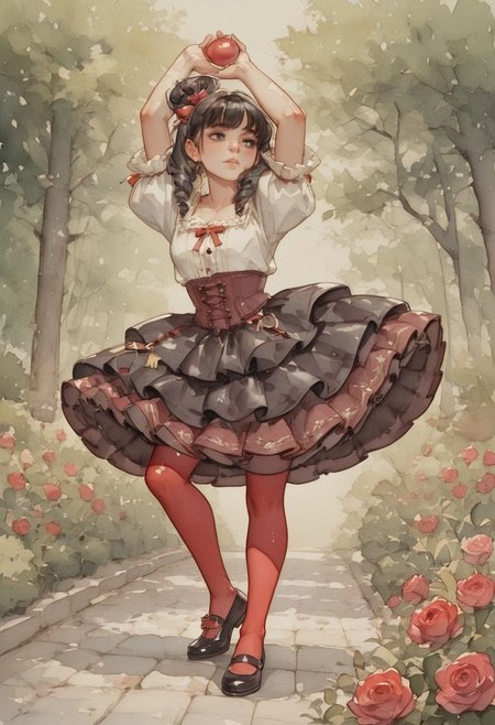 ( watercolor):2, (pastel colors), high detail, (lineless:1.2), (realistic), detailed, depth of field, dynamic lighting, masterpiece, detailed_eyes, high_quality, best_quality, highres, (muted colors), pencil lines, 
in the garden, among blooming roses, day,
woman in a dance pose, frontal, leg extended, toe pointed, holding castanets in hands, frozen before the start of the dance,
black hair tied in a bun, strands in ringlets, (high comb in hair), proud, thin nose, black eyes, shadows under the eyes, thick eyebrows, narrow face, stern look, haughty,
white shirt with a square neckline, shirt decorated with tassels, burgundy corset with embroidery, tightly pulled in at the waist, fluffy multi-layered skirt, (skirt below the knee), red tights, (black shoes with red bows and bells), gold buckles on shoes,