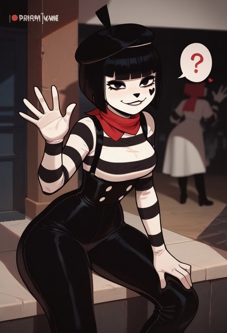 (score_9, score_8_up, score_7_up, score_6_up, score_5_up, score_4_up) 1girl, mime girl, white face, short hair, red scarf, beret, hime cut, mime stripe stripped shirt, narrow waist, big hips, street, pose, smirk,  sexy, closeup, waving, hand on knee, leaning, question mark, speech bubble,  closeup, hearts, looking at viewer,