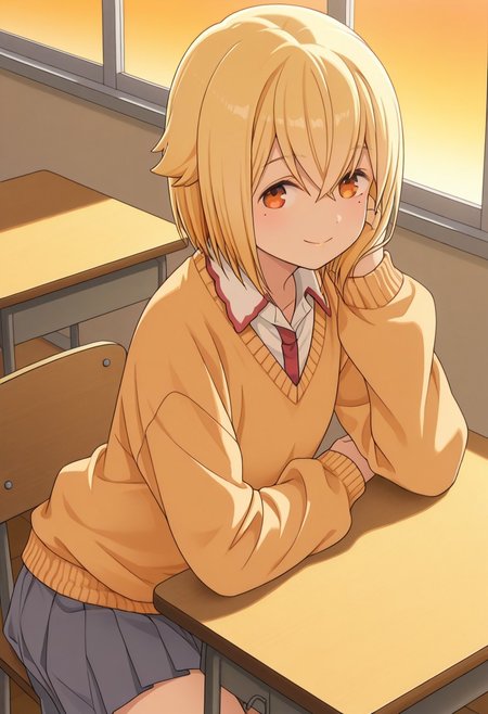 , solo , masterpiece, best quality, absurdres, very aesthetic, solo, classroom , from up, sunset, sunsets light ,seated on a chair, resting in the desk,smile, Bocchistyle, nakosunao, <lora:pony_nakosunao:1>,1girl,solo,smile, short hair,blonde hair,bangs,brown eyes,orange eyes,shirt,mole,mole under eye,hair between eyes,hair flaps, skirt,shirt, school uniform, pleated skirt, white shirt, short sleeves, grey skirt,  long sleeved Orange sweater