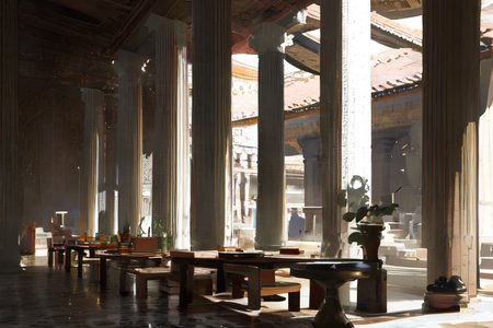 highly insanely detailed, masterpiece, top quality, best quality, highres, 4k, 8k, RAW photo, (very aesthetic, beautiful and aesthetic),  
Ancient Roman Interior Design,RomInt,ancient_roman_dining_room,Triclinium,ancient_roman_atrium,compluvium,impluvium, 
<lora:RomanInterior-10:1>, 
(1girl:1.3), 
1other, 
(dark_skin,tan_skin,tanned skin,dark skin,dark-skinned,black-skinned,bronze skin,bronzed skin,cinematic Bronze tan tanning skin tone:1.1), 
, 
, 
large white airplane with carbon-fiber fuselage, turboprop engines, multiple decks, metallic accents,LED lighting,black and white background, 
,âââ
