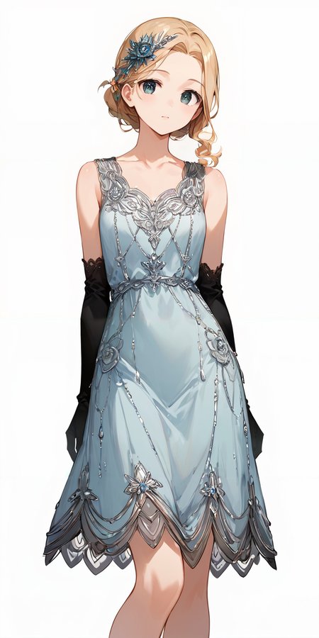 score_9, score_8_up, score_7_up,source_anime, high res image,masterpiece,best quality,girl,cute face,clear skin,shiny hair,ultra detailed eyes,simple background,  <lora:1920s flapper dress_pony_V1.1:0.8> flapper dress,black elbow gloves, sleeveless,make up
