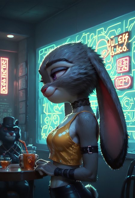 score_9, score_8_up, score_7_up, score_6_up, side view, (judyhopps, judy hopps,), edgAdepta, very short, short stacked, petite, grey fur, furry, cowboy shot, golden shirt, tight black latex pants, arm straps, natural round breasts, inside a cafe, sitting in chair at a table, golden lace choker, mad-neon-noir, sly, smug, seductive, neon lights, natural round breasts, midriff, leaning against a wall, in a city, neon lights, detailed background, crowded, C7b3rp0nkStyle,