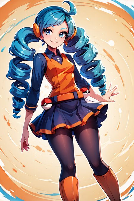 score_9, score_8_up, score_8, medium breasts, (curvy), cute, eyelashes,       ,,, , ,,, zzABW, blue hair, blue eyes, drill hair, orange vest, belt, skirt, black pantyhose, knee boots, scrunchie,  <lora:AceTrainerBW_Pokemon_PDXL:0.8>,  ,,,, BREAK, smile, looking at viewer, ,,, abstract background, white outline, cowboy shot, ,,, embedding:zPDXL, Expressiveh, ,,, <lora:CatalystStylePDXL:0.6>, <lora:SDXLFaeTastic2400:0.5>, <lora:Expressive_H-000001:0.4>,