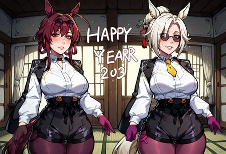 IllustriousQual, <lora:StS-Illustrious-Detail-Slider-v1.0:2> <lora:cfg_scale_boost:0.3> <lora:StS_Age_Slider_Illustrious_v1:3>,detailed_background,indoors,short hair,collared shirt,kimono,purple gloves,zenless zone zero,pince-nez,parted lips,shirt tucked in,horse tail,purple pantyhose,black gloves,hair bun,2025,brown hair,mole under eye,sunglasses,ponytail,grey eyes,animal ears,huge ahoge,ahoge,okobo,white hair,2girls,red eyes,white shirt,cafetakki uma,omamori,breasts,sandals,multicolored hair,purple eyes,kafka \(honkai: star rail\),single hair bun,black shorts,mole,yellow necktie,gloves,happy new year,blonde hair,japanese clothes,manhattan cafe \(umamusume\),large breasts,eyewear on head,sakon04,horse ears,black pants,horse girl