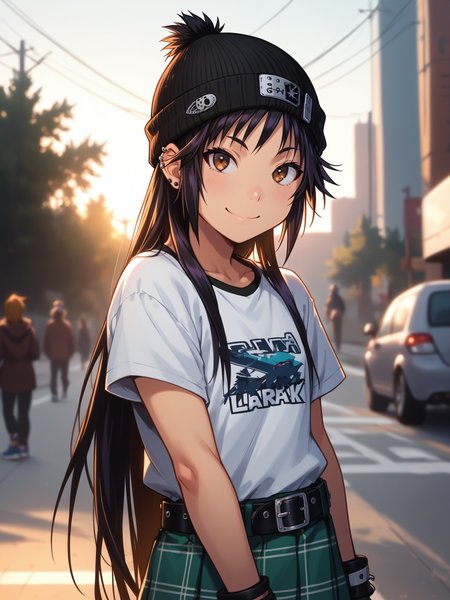 (upper body, solo focus:1.2) <lora:happy_tentacle-hinata-v0.1-000060:1>, ht_hinata, black hair, brown eyes, very long hair, (petite:1.2), <lora:Shed_The_Skin's StS_age_slider_v1_initial_release:-1.1> ( :1.1) ( , , ( :1.2) , smile , looking up :1.2) , outdoors, vegetation, (overgrown :1.1), , (dusk :0.6), , (:0.5), , (science fiction :0.9), (skate park:1.2), (punk:1.3), (belt, t-shirt, skirt, sneakers, beanie, baggy clothes, kneehighs, piercing:1.1), ( :0.8) score_9, score_8_up, score_7_up, score_6_up, score_5_up, score_4_up, ( [(realistic, photorealistic:1.3):(realistic:1.2):16] [(3d:1.2)::14] :1) <lora:LUUNA's Lunas-NijiJourney-SDXL-B2:0.35>, nijijourney <lora:prgfrg23's Counterfeit-V3.0 Style SDXL_LoRA_Pony Diffusion V6 XL:0.5> <lora:mfcg's mfcgXL:0.12> <lora:reweik's gyokai(himehajime)_PonyXL_style_v01:0.14>