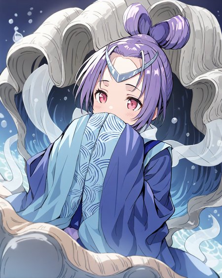 1girl,
AshikiriSyakoOreshika,
safe, solo, perspective, dutch angle, upper body,
short girl, circlet, japanese clothes,
hands in opposite sleeves, covering mouth,
hagoromo, sitting, shell, clam shell, 
depth of field,
<lora:kp_AshikiriSyakoOreshikaAnimagineXL_v1_0:1.0>
masterpiece, high score, great score, absurdres