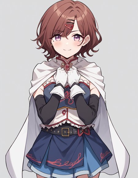 score_9, score_8_up, score_7_up, source_anime, <lora:madoka-higuchi-ponyxl-lora-nochekaiser:1>, madoka higuchi, brown hair, eyebrows hidden by hair, grey background, hair ornament, hairclip, mole, mole under eye, purple eyes, short hair, wavy hair,, <lora:miki-sayaka-cosplay-ponyxl-lora-nochekaiser:1>, miki sayaka cosplay, miki sayaka (cosplay), belt, black sleeves, blue skirt, cape, cosplay, dress, gloves, gem, skirt, sleeveless, sleeveless dress, white cape, white gloves,, streets, outdoors, smile, blush, hands on own chest, cowboy shot, looking at viewer,