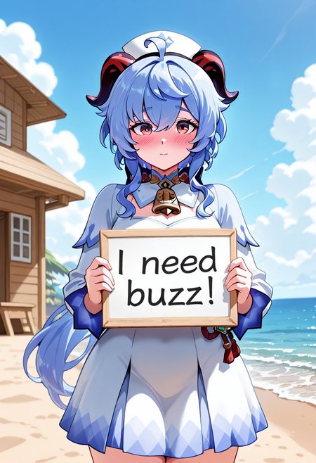 masterpiece,best quality,amazing quality, ganyu \(genshin impact\), cowboy shot,  need_buzz, holding sign, red_eyes，hat，long_sleeves, 1girl, beach, beach house, blue sky, blush, cloud,dress, water,