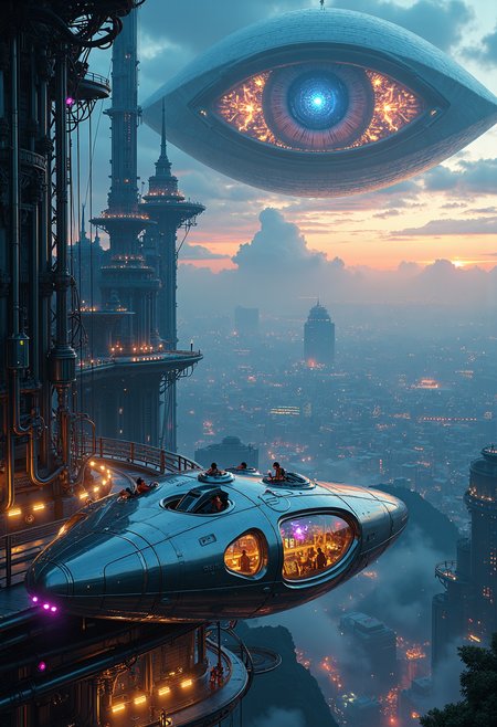 A masterpiece of sci-fi style created by the collaboration of Tamara de Lempicka and Edgar Degas.    In this sci-fi photograph, we see a vast, futuristic cityscape against a twilight sky, bathed in a soft, otherworldly glow from distant neon lights and atmospheric distortions. The city is constructed on large floating platforms that seem to hover above a shimmering cosmic sea, hinting at the possibility of an alien ecosystem or advanced space-based architecture. Suspended below these platforms are intricate networks of cables and energy beams, creating a web-like pattern that glows in vibrant blues and purples.In the foreground, a sleek, metallic spaceship with organic, fluid design elements is parked beside a towering structure resembling a giant, transparent dome. The ship's windows reveal a crew of beings with advanced cybernetic enhancements and holographic projections dancing across their interfaces. Above the city, an enormous, glowing eye-like construct looms in the sky, its iris reflecting the myriad lights below—a mysterious artificial intelligence overseeing the metropolis.The atmosphere is thick with swirling clouds of iridescent mist that appear to shift colors rapidly, adding a sense of motion and otherworldly magic. The overall scene exudes a blend of technological marvel and mystical wonder, suggesting an advanced civilization at the brink of new cosmic discoveries.    HD32K, hyperdetailed, best quality, midjourneyv6.1.