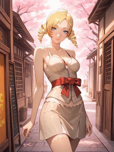 masterpiece, best quality, high resolution, very aesthetic, absurdres, newest, professional, high-quality, detailed eyes,
<lora:ILCCatherine:1.0>
CCatherine, 1girl, blonde hair, drill hair, blue eyes, looking at viewer, Standing in the middle of a quiet Japanese countryside street, cherry blossoms falling around her as the sun sets in warm orange hues.