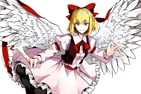 solo_focus, 1girl, ((white background, simple background)):2, (((masterpiece))), ((best quality)), ((ultra-detailed)), high resolution, absurdres, highres, ultra-detailed 8k unity wallpaper, 
solo, 1girl, gengetsu, 
arcueid_\(tsukihime\), 
solo, 1girl, smile, short_hair, shirt, breasts, blonde_hair, bow, long_sleeves, skirt, ribbon, dress, yellow_eyes, hair_bow, thighs, collared_shirt, red_bow, wings, vest, bowtie, black_pantyhose, red_vest, pink_shirt, red_bowtie, feathered_wings, pink_dress, open_vest, white_shirt_white_skirt, white_shoes, blonde_short_hair, red_head_bow_ribbon, one_piece_head_bow_ribbon, bow_ribbon, white_angel_wings, white_drees, brown_vest, wear_outside, twin_wings,
