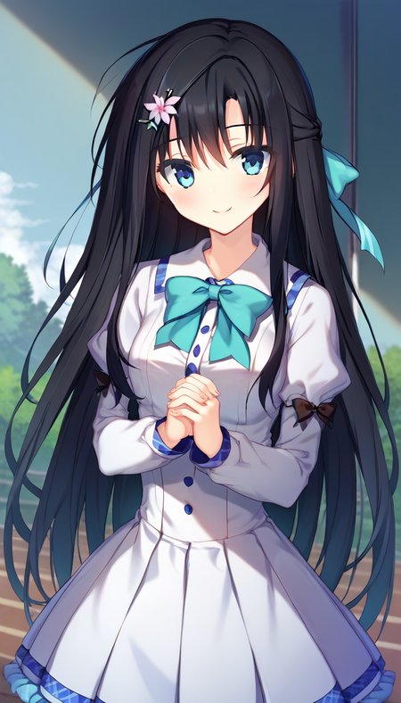 score_9,score_8_up,score_7_up,score_6_up BREAK official art,solo,outdoors,upper body,(portrait:1.5),looking at viewer,facing viewer,smile,blush,Tsugihana Misumi,very long hair,black hair,hair bow,aqua bow,hair flower,sidelocks,bangs,blue eyes,school uniform,black bowtie,white shirt,long sleeves,puffy detached sleeves,white skirt,frilled skirt,white socks,mary janes,<lora:Tsugihana Misumi(pa)-Pony:1.4>,