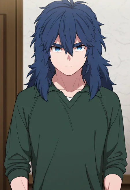 masterpiece, best quality, , , looking at viewer, 1boy, solo, male focus, <lora:yui_kemono_jihen_ilxl:0.94>, yui_kemono_jihen, blue hair, blue eyes, long hair, hair between eyes, bangs, thick eyebrows, ,