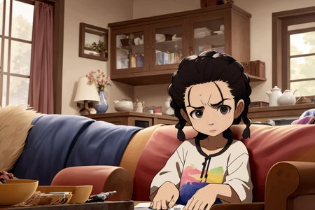 a Tagalog (Philippines) 58 years old woman Ombre Victory Rolls, sitting in a couch in the living room, well draw eyes and eye pupil , EdobBoondocksArtStyle  <lora:EdobBoondocksArtStyle_v1.0:0.8>