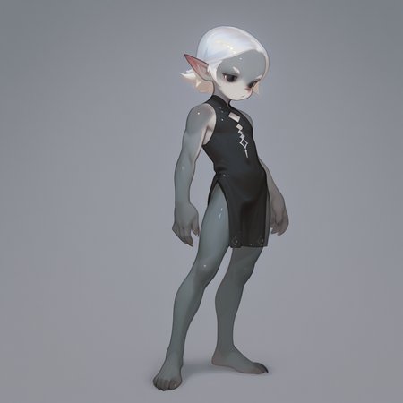 CtPn, full body, highly detailed, solo, 1boy, white hair, grey skin, pointed ears