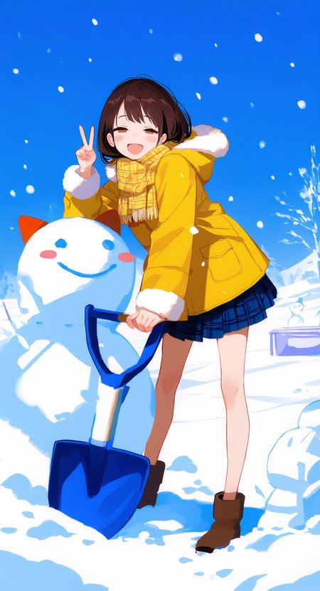 masterpiece, best quality, good quality, very aesthetic, absurdres, newest, 1girl, :d, bare legs, blue skirt, blue sky, blush stickers, brown eyes, brown footwear, brown hair, coat, dark, dot nose, full body, fur-trimmed sleeves, fur trim, half-closed eyes, hand up, leaning to the side, legs apart, long sleeves, looking at viewer, miniskirt, necktie, outdoors, plaid clothes, plaid scarf, plaid skirt, red necktie, scarf, shovel, skirt, sky, smile, snow, snow shovel, snowing, snowman, solo, standing, v, winter, yellow coat, yellow scarf, <lora:ponyv5_noobV065S_1_adamW-000013:0.75> <lora:USNR_STYLE_XL_lokr:0.45> <lora:MeMaXL4:0.4>