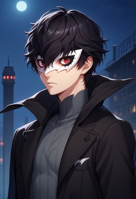 score_9, score_7_up, source_anime 
renpers, 1boy, male focus, solo, red eyes, black hair, hair between eyes, short hair, joker outfit, mask, white mask, shirt, grey shirt, coat, black coat, high collar, portrait,
indoor, darkness, night,