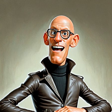 cartoon of (michelfoucault:1.3) man, turtleneck, unbuttoned black leather biker jacket, bald nerd, , (  donmartin style:1.2)  ( caricature:1.3), HQ, high resolution, ,  solo,  fisheye lens closeup, extremely  Amusedexpression ,  hyper-realistic,  upper body, arms and hands,  detailed eyes, by don martin, plain dark background, rim lighting, vignette <lora:DonMartin_StyleXLv7.0-000024:0.75>   <lora:michelfoucaultXL_10-17-23_v1.6:0.9>
