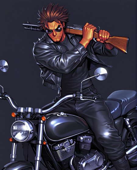 trineal, hued shading, vibrant shading, sshdw, colorful, detailed shading, hued shading, soft shadows, GOHARNO, 1boy, toned male, tanned skin, short hair, spiked hair, brown hair, sideburns, brown eyes, thick eyebrows, cleft chin, black shirt, leather jacket, zipper, eyewear, aviator sunglasses, black sunglasses, holding weapon, shotgun, hand up, serious, slight frown, black pants, black boots,  masterpiece, best quality, absurdres, three quarter view, upper body, simple background, black background, riding motorcycle, black chopper, black motorcycle