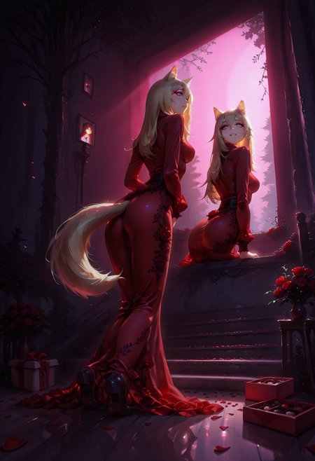 masterpiece, best quality, amazing quality, very aesthetic, absurdres, newest, (scenery, volumetric lighting),depth of field, 1girl,solo,sfw,((from behind:1.2),(from_back:1.2),(from below:1.4),(full body photo:1.4),(full body:1.4),(full shot:1.4),(full body shot:1.4)) , eyeliner,podenco \(arknights\), arknights, 1girl, dog ears, animal ear fluff, dog tail, green eyes, hair between eyes, long hair, blonde hair,, 1girl,  clenched_teeth, long sleeve, turtleneck, rose dress, red dress,, flower, roses, hearts, cherry blossom petals,box of chocolates,medium breasts, medium and teardrop shaped breasts,(covered breasts:1.3),curvy,skindentation,finger_heart, romantic, in love, shadow dark dim forest, Slight light,night, distrail,solo focus, unsr,,(shiny skin:0.7),(sakimichan:0.8,wlop:0.5),masterpiece, best quality, amazing quality, very aesthetic, absurdres, newest, (scenery, volumetric lighting),depth of field,gobo lighting,jakthejackalope,  <lora:memento mori:0.6> <lora:MoriiMee_Gothic_Niji_Style_Illustrious_r1:0.8> artist:moriimee <lora:ral-vltne:1> ral-vltne <lora:TQ_-_Rustic_Wooden_Valentines_Day_Backdrops:1>  <lora:GOBOLightingILL:1> gobo lighting, shadows