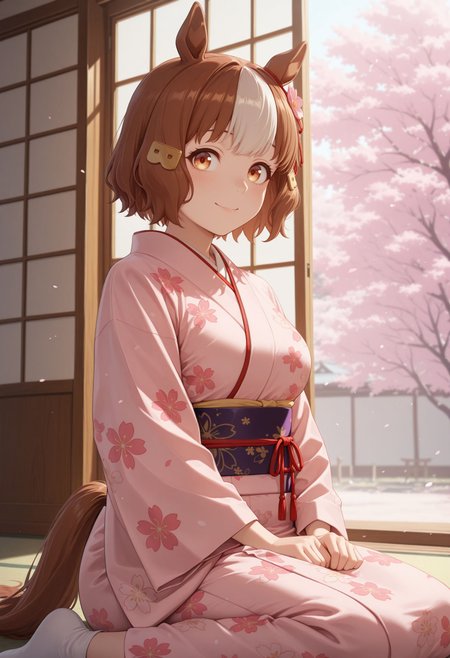 masterpiece, best quality, amazing quality, very awa,absurdres,newest,very aesthetic,
<lora:Berno illu:1> 1girl, brown hair, white hair, multicolored hair, short hair, animal ears, horse girl, hore tail brown eyes, hair ornament, smile, 
houtdoors,cherry blossoms,standing,cowboy shot, , indoors, kimono, hair flower, floral print, wariza, kneeling,