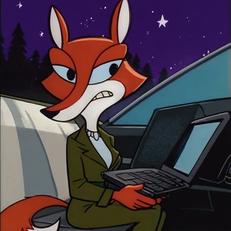 score_9,score_8,score_7,source_furry,
<solo:1.5>,
<1girl:1.5>,
fauna_fox, fox girl, agent_fauna,red body,red fur, black eyes,
fauna_fox_ffiles, fauna_fox, agent_fauna, fox girl, furry, furry female, official art, official style, furry, teeth, sitting, car interior, solo, night, star (sky), clenched teeth, furry male, pants, steering wheel, sky, 1boy, necklace, black eyes, animal ears, jewelry, male focus, computer, jacket, night sky, seat, starry sky, laptop, shirt,
( art by yomu (sgt epper) ) ,,
 <lora:Fauna_Fox_The_F_Files:1> fauna_fox_ffiles