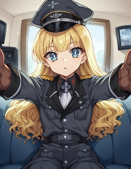 score_9, score_8_up, score_7_up, source_anime, <lora:retia-adolf-ponyxl-lora-nochekaiser:1>, retia adolf, blue eyes, blonde hair, wavy hair, bangs,, gloves, hat, military uniform, peaked cap, zettai ryouiki,, living room, television, couch, popcorn, watching movie, night time, sitting,, , looking at viewer, on back, arm support, arms up, incoming hug, pov, reaching, reaching towards viewer,, solo,, cowboy shot, dutch angle