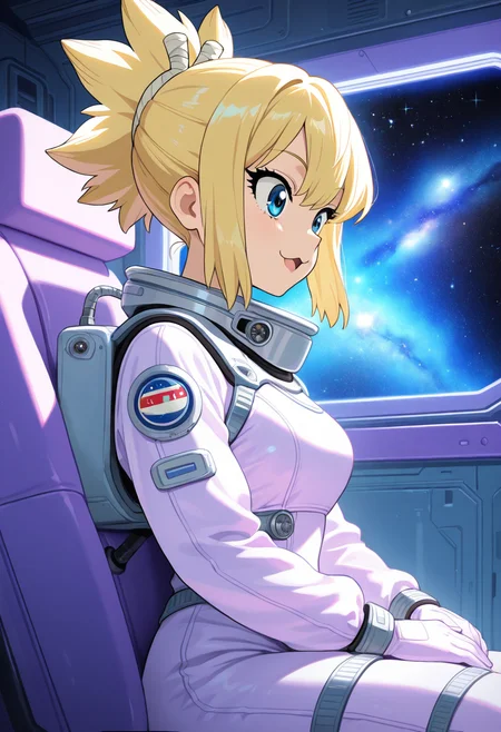 kohaku_(dr_stone),  :3, ultra detailed, masterpiece, best quality, 1girl, solo, adult, indoors, space suit, sitting, seat, windows, futuristic vehicle, space, stars, galaxy, pastel colors, vintage, intricate detailed, finely detailed, amazing detail, from side, smile, :o, awe, shadows, dim lighting, cowboy shot,