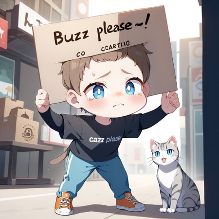 guy holding up a sign that says " buzz please!!"
masterpiece, best quality, 
1cat, solo, (grey dark tabby cat with white bottom), brown hair, athletic, freckles, black shirt, t-shirt, chin scruff, blue pants, big eyes, blue eyes, huge pupils, checkerboard symbol on shirt, orange shoes, full body, sign, tears,