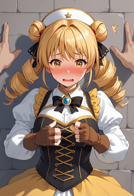 score_4,score_5,score_6,score_7_up,score_8_up,score_9 ((masterpiece,best quality,ultra detailed,highres,HD,4k:1.2)), 
Araki,sketch,
1girl,solo,face focus,
 mami tomoe, blonde hair, drill hair, twin drills, yellow eyes,large breasts, 
brown gloves, corset, detached sleeves, fingerless gloves, gloves, hat, juliet sleeves, long sleeves, magical girl, puffy sleeves,
outdoor, pov, pov hands, kabedon, Wall-don, wall-don with both hands,<lora:Kabedon pov PonyXL:1>, full face blush,surprise,wavy mouth,@ @ ,^^,embarrassed,wide eyes,looking at viewer,