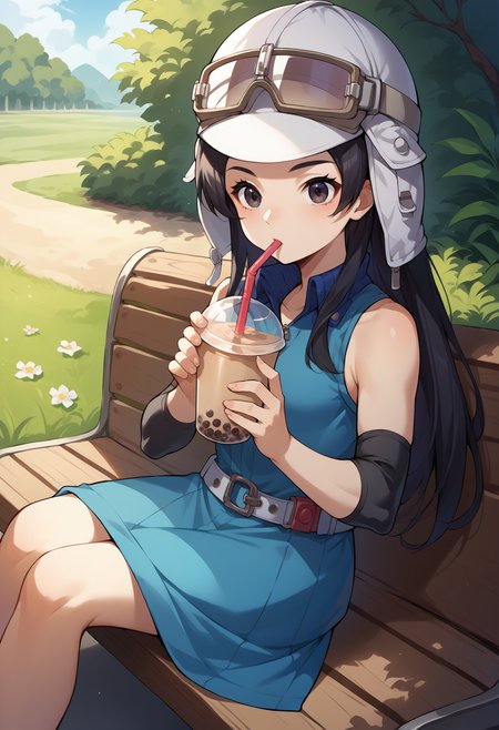 score_9, score_8_up, score_7_up, source_anime, 1girl, solo, asahismtiva, long hair, black hair, helmet, goggles on head, dress, elbow pads, belt,, outdoors, sitting, on bench, drinking, sipping, straw, bubble tea, <lora:zs_AsahiXL:1>