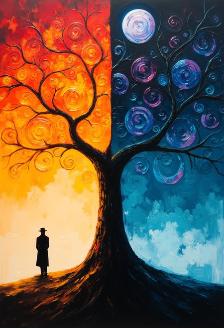 thepaintedrealm. ThePaintedRealm.  This is a surreal, oil painting created in an expressive, impressionistic style. The artwork features a stylized, fantastical tree with two distinct halves, representing an otherworldly scene. The tree's trunk and branches stretch across the center of the composition, dividing the background into two halves. The left side, facing the viewer, is dominated by a vibrant, fiery orange hue, symbolizing sunset or dawn. The branches here are adorned with swirling, glowing patterns in warm colors, including reds, oranges, and yellows, giving the appearance of a burning, fiery sky.  The right side, facing away from the viewer, features a deep, dark blue sky with swirling, swirling patterns in cool colors, reminiscent of a moonlit or night scene. The branches here are covered in similar swirling patterns, but in cool tones of blue and purple.  A solitary, silhouette figure stands at the base of the tree, on the left side, looking out into the distance. The figure is dressed in what appears to be a long coat and trousers, giving a somewhat timeless, mysterious aura.