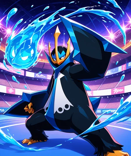 ((vibrant, detailed, detailed background, amazing quality, colorful, masterpiece, 8k, rtx)), beutiful background, BREAK <lora:empoleon-illus-15:0.9> pempo, 1other, pinguin_boy, (empoleon), (solo, alone), hydrokinesis, fighting stance, stadium, glowing,