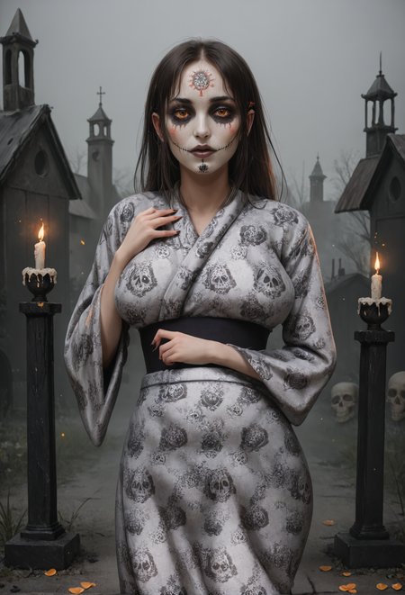 score_9,score_8,score_7_up, solo, 1female, sak1, kimono, curvy, skull print, skulls, skeletons, hands up, pose, shy,  dia de muertos, dark graveyard, flames, pose, orange petals, black petals, particles, flowers, candles, cowboy shot, city,  <lora:Saki_Scars_of_Summer:0.8>