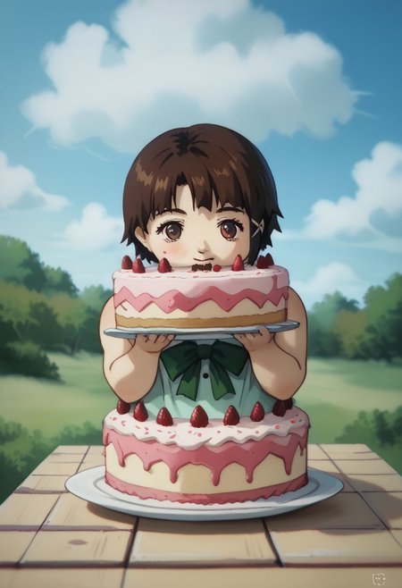 score_9, score_8_up, score_7_up, score_6, source_anime, lain, brown hair, ((light green camisole, green bowtie)), table, tartan tablecloth, ((chibi, gluttonizing, chubby, devouring cake, bulimic eating, overindulging, overeating)), (((big giant fat wedding-cake, giant huge cake, enormous layered cake, tall cake))), cute, ((close view)), clouds sky background, outdoors, airborne