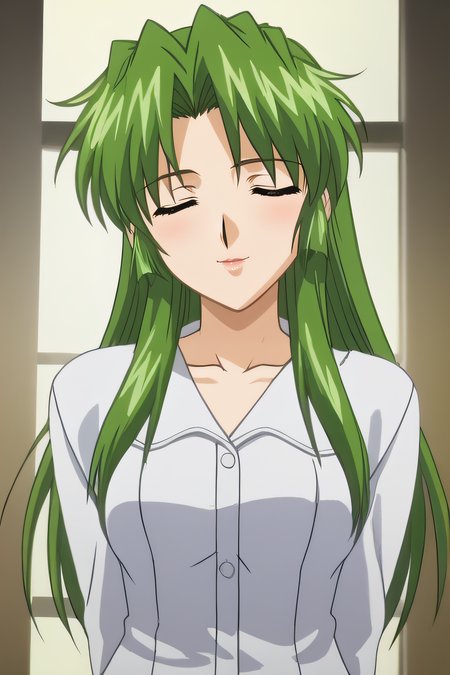 score_9, score_8_up, score_7_up, source_anime, rating_safe, intricate details, anime screencap, official style, 1girl, solo, <lora:Sasamoto_Shizue:1>, sasamotoshizue, green hair, long hair, closed eyes, lips, medium breasts, light shirt, collarbone, buttons, long sleeves, looking at viewer, smile, indoor, closed mouth, upper body, arms behind back, blush, parted lips