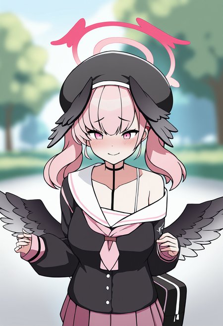 masterpiece, best quality, <lora:age_slider_v4:4>,detailed_background,outdoors,black hat,wings,white sailor collar,smile,1girl,blush,highres,sleeves past wrists,blue archive,solo,blurry,pink eyes,absurdres,long sleeves,pleated skirt,skirt,black bag,feathered wings,sailor collar,blurry background,hat,koharu \(blue archive\),twintails,pink skirt,!,three twosix,collarbone,pink hair,head wings,black wings,pink halo,halo,closed mouth