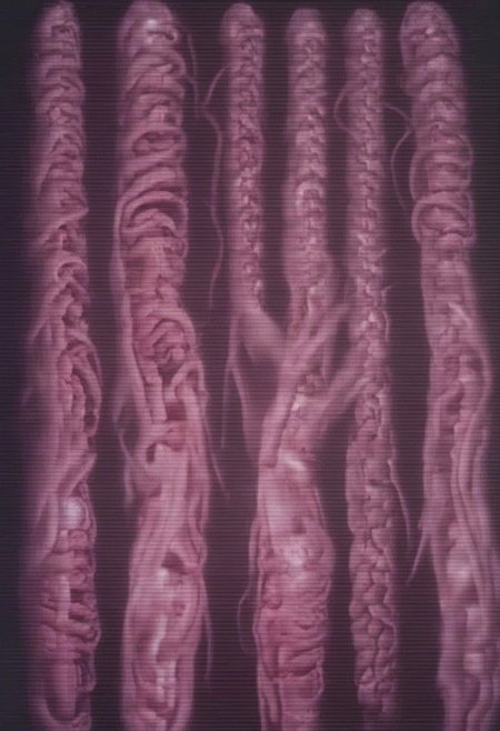 crt style tvs sets multiple human brains emerging from 5 women glowing massive amounts of intestines and cables woven together inside multiple modern television sets in technology warehouse
