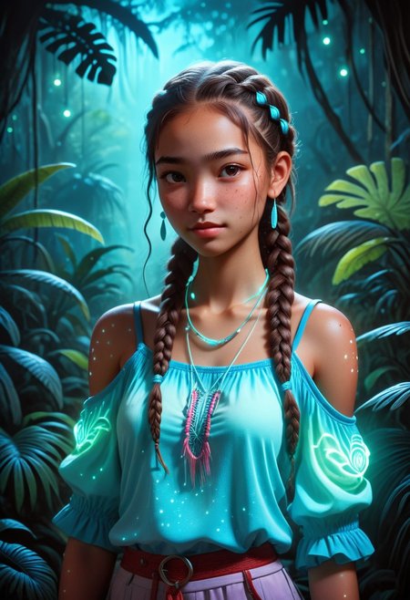 score_9, score_8_up, score_7_up, score_6_up, score_5_up, score_4_up, 1girl, blushing profusely red, 1girl,mysterious girl with freckles,an exotic Polinesian girl in off-shoulder shirt, Hairs in two braids, fading backlit background,pastel colors,surreal,  detailed, bokeh, perfect balanced, deep fine borders,artistic photorealism, smooth, whole body view, bioluminescent jungle background, temple, (bioluminescent clothing)