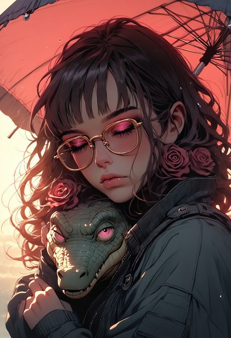 score_9, score_8_up, score_7_up, source_image_comics, embrace, small fat crocodile, stoplight Gold Pink eyes, straight jacket, big glasses, umbrella, rose dust ribbon,sinozick, day sky, sunny, heavy rain, big eyes, The image is a digital art piece that appears to be a portrait of a woman's face. The woman's head is in profile, with her eyes closed and her lips slightly parted. She has long, flowing hair that is styled in a way that cascades down her back. The background is magic mint, making the woman's features stand out even more. The overall mood of the image is peaceful and serene.