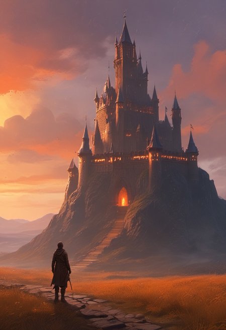Game Design Fantasy Literature  Elden Ring epic fantasy, mystery, arcane, , Fantasy Literature, often for magical worlds, mythical creatures, or fantastical adventures., Designing video games, often focusing on gameplay, graphics, story, and user experience.giant castle, orange sky, rain
