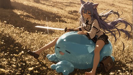 This is a digital artwork in the style of ckgr, Copper Theme, amazing quality, ultra-detailed, depth of field, 8K, cat_ears, Soft Shadows / Feathered Shadows, medium breasts, seductive_smile, motion_blur:1.1, Medium shot, absolutely eye-catching, nail_polish, barefoot, Tyrant Regent, anime character, Riding him in cowgirl, Checkerboard split hair, school_bag, masterpiece, loafers, slime_(creature), her feet pressing into his thighs as he cums on her breasts., hair_ribbon, ambient occlusion, 2boys, Alpine meadow covered in wildflowers, sukumizu, dark skin, long hair, tech-enhanced katana with a glowing edge, very aesthetic, Roxy Migurdia (Mushoku Tensei), highlighted hair, RTX, vhs tape aesthetic, Midnight, motion_lines:1.1, 1girl, best quality, she bites his lip, blurry foreground, absurdres, newest