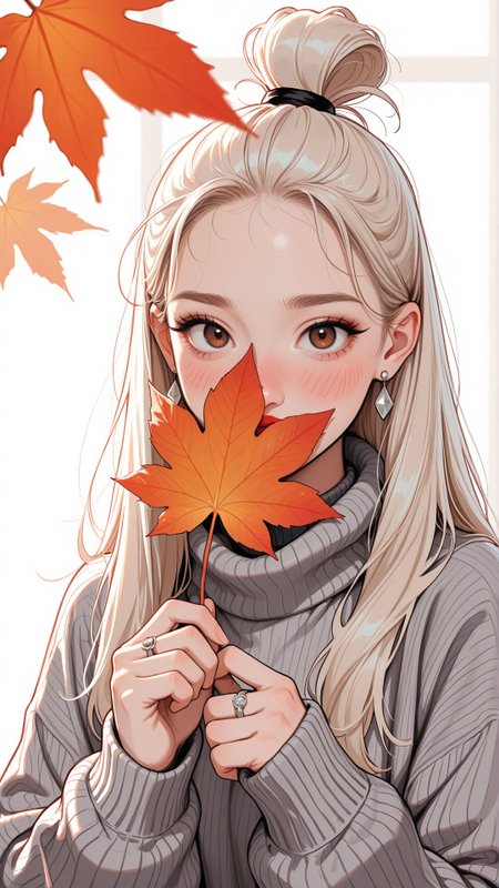 masterpiece, best quality, pastel colors, sketch lineart, muted color, cozy aesthetic,
1girl, platinum blonde hair, long hair, topknot, loose hair strand, stray hair, thick eyelashes, brown eyes, detailed eyes, small earrings, silver earrings, hair behind ear, red lips, slight blush, 
autumn fashion, oversized sweater, ribbed sweater, grey sweater, ring, maple leaf, holding leaf, leaf covering mouth, 
minimalist background, off-white background, slightly tilted angle view,
looking at viewer, shy, embarrassed, soft expression,
soft lighting, natural lighting, diffuse light, subtle shadows, balanced contrast