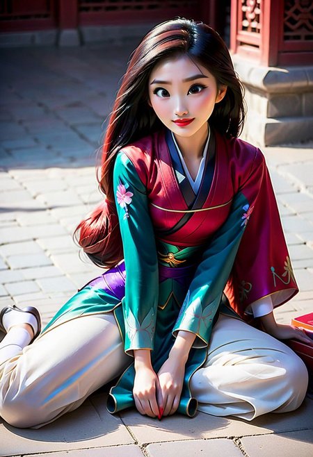 Duo, anime, (Ariel) on the right side 
 and (Mulan) on the left side, seated on the ground