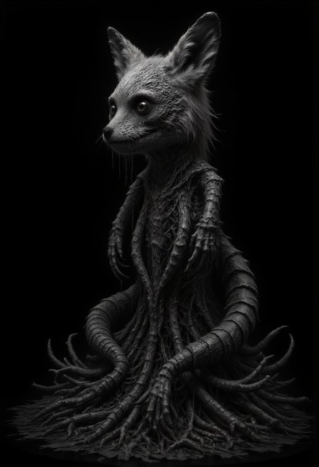 mm-style, ((monochrome)), black background, a monster fox standing up looking menacingly at the viewer, hidden in teh shadows, wearing a skull mask, creeping roots and tendrils surround the fox