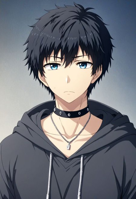 high resolution, solo, best quality, 1Boy, Arata Kaizaki, Black Hair, Blue Eyes, bangs, necklace, choker, hair between eyes, Hoodie, OverallDetail