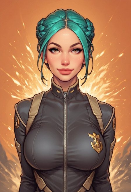 ((((front view))))
beautiful color, aesthetic, 2d,
(zeon pilot:1.3), ((khaki suit)), 
solo, standing, (battleground, explosions:1.5)
1girl, cute face, modest smile
((turquoise hair, folded in french braid, side bang hairstyles)), 	
big natural breasts, 
focused, looking at viewer,
(((full-clothed))), dynamic pose
BREAK 
score_9, score_8_up, score_7_up, score_6_up, source_cartoon, rating_explicit, Expressiveh, (((((upper body))))), dynamic pose