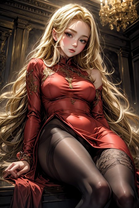 (masterpiece, best quality), 1girl, blonde hair, red dress, pantyhose, cute face, blush, <lora:add_detail:1>